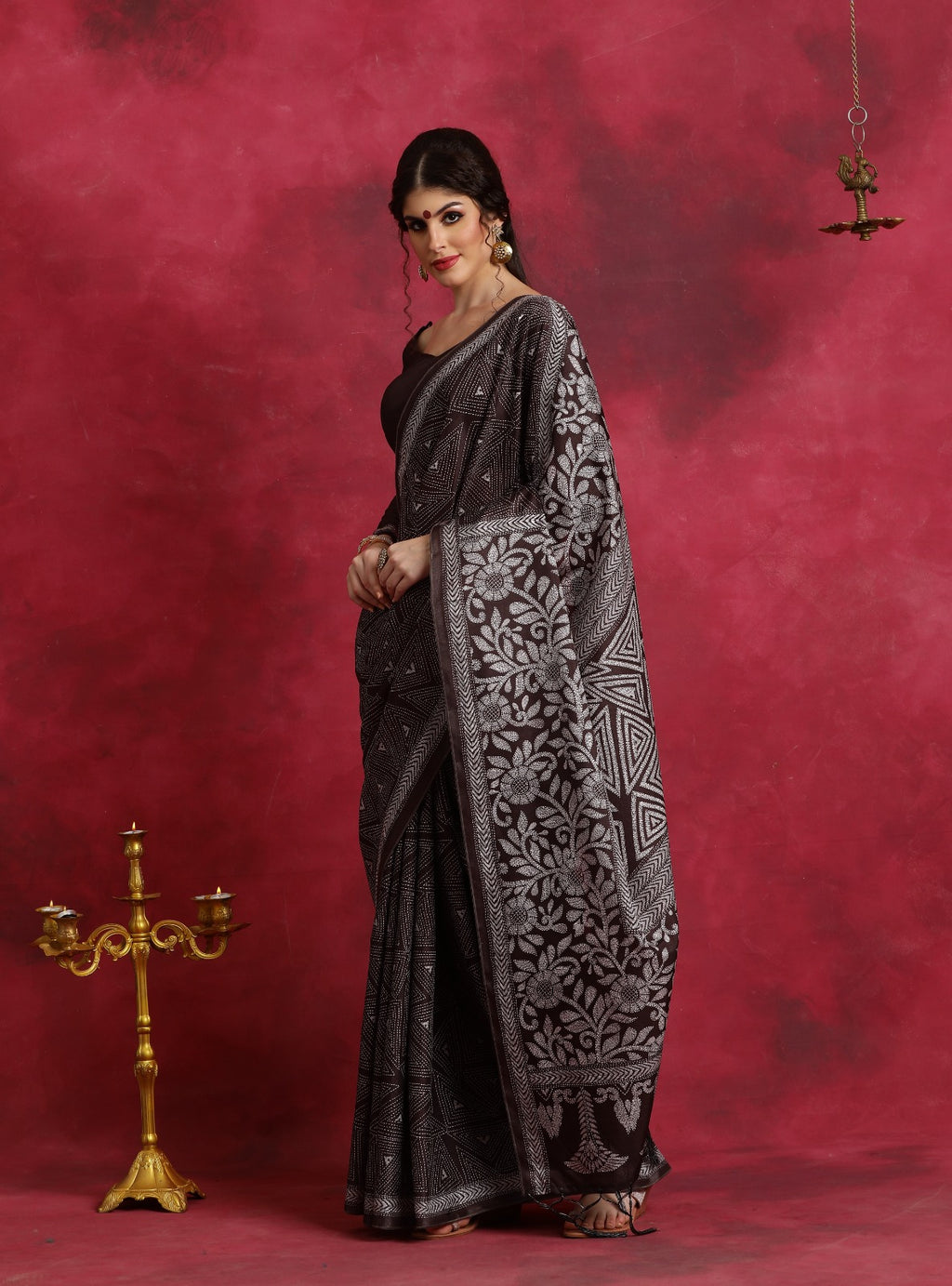 Brown Kantha printed flower pattern Asam Silk Saree