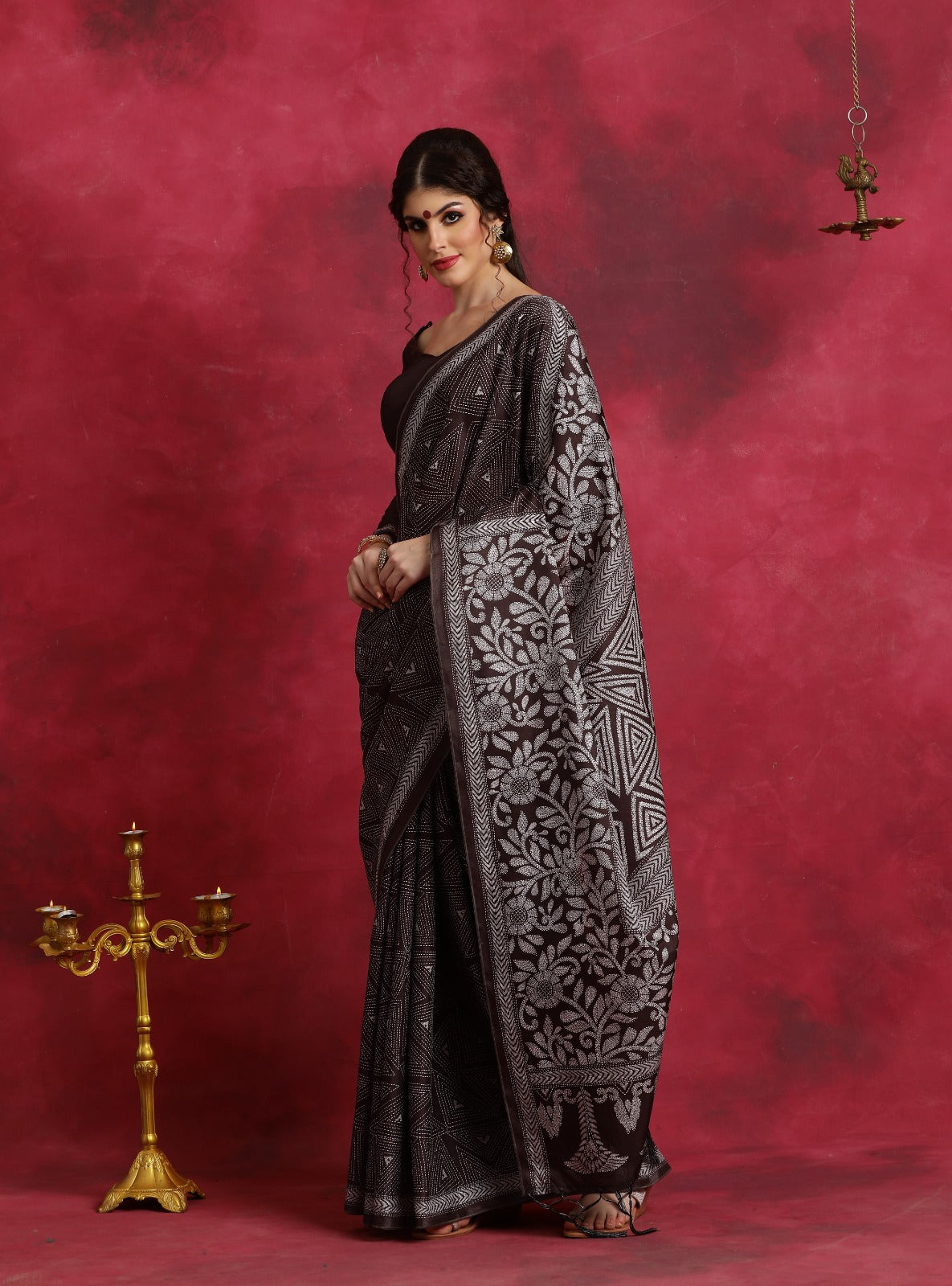 Brown Kantha printed flower pattern Asam Silk Saree