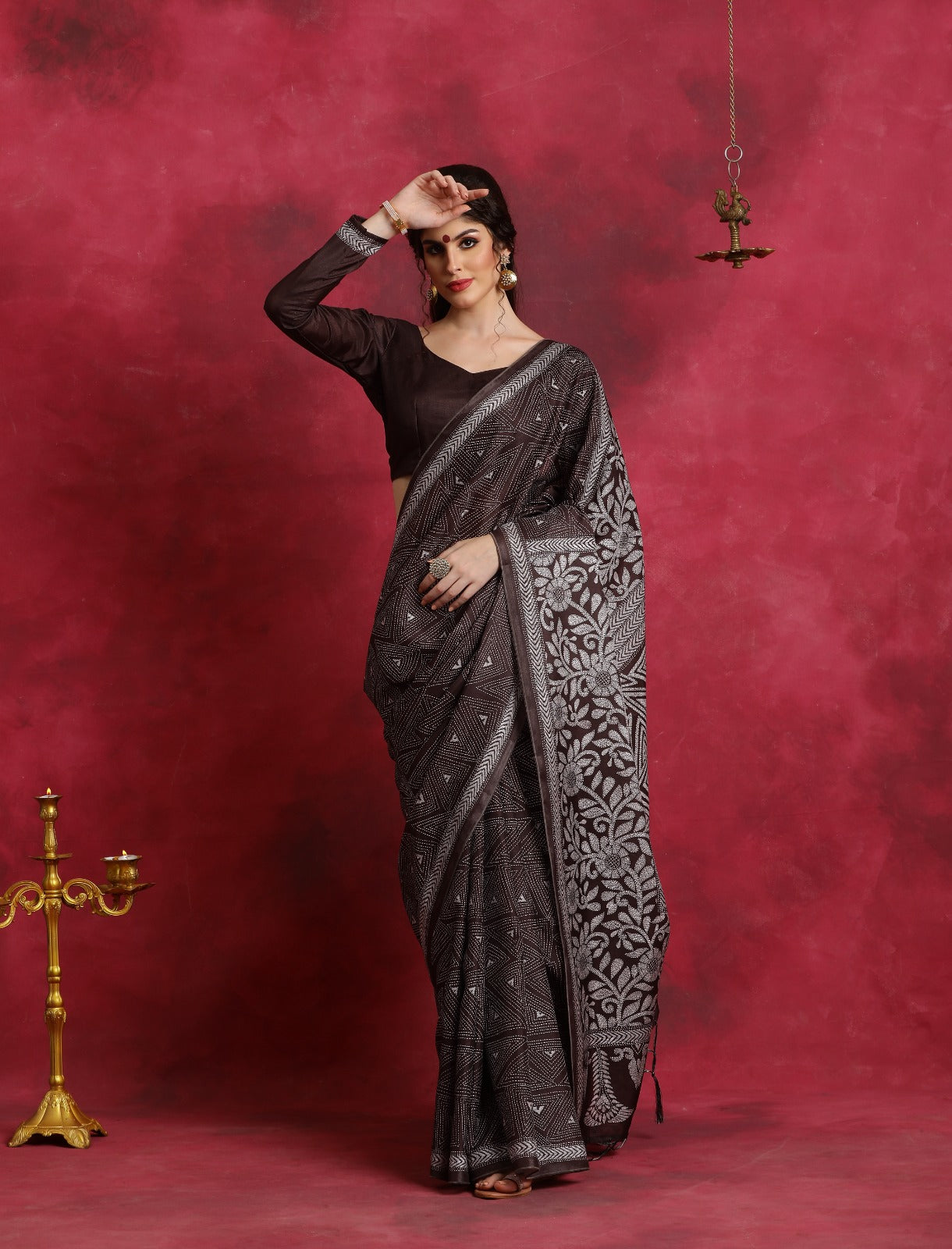 Brown Kantha printed flower pattern Asam Silk Saree