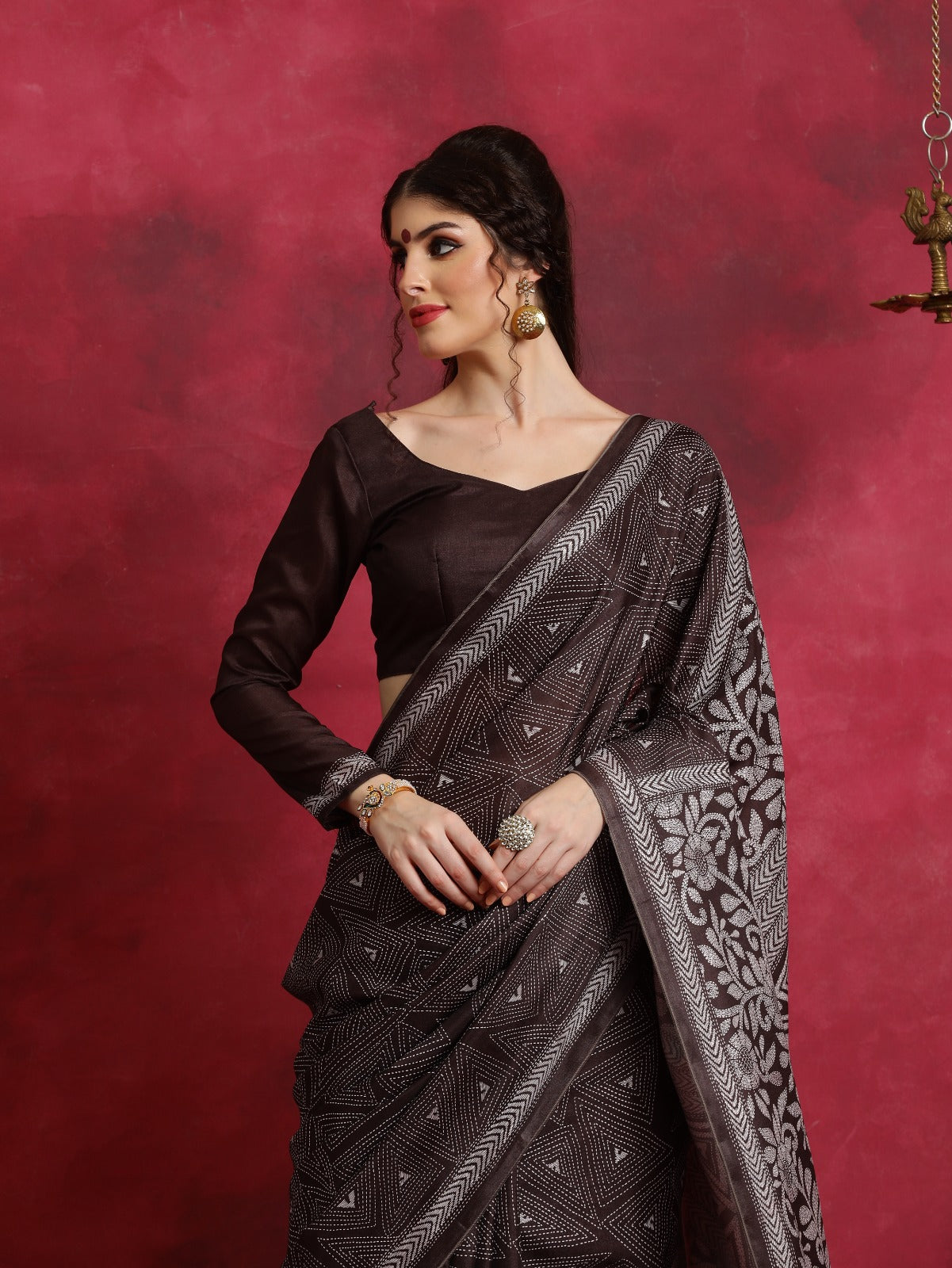 Brown Kantha printed flower pattern Asam Silk Saree