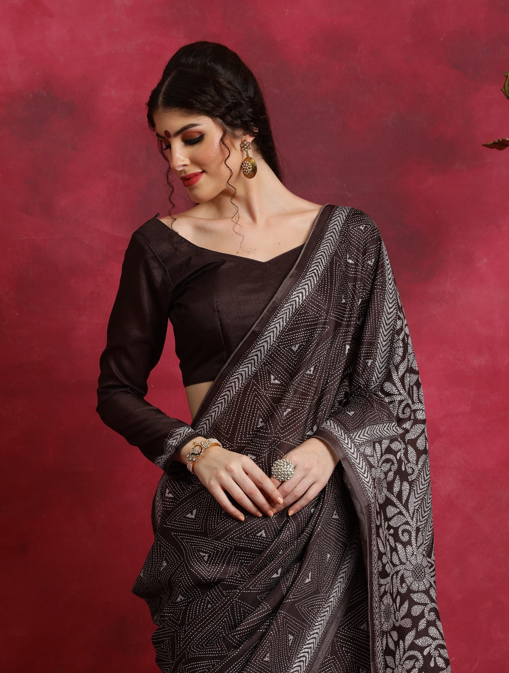 Brown Kantha printed flower pattern Asam Silk Saree