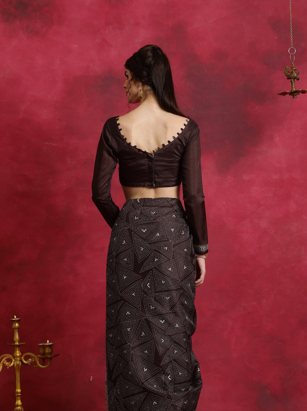 Brown Kantha printed flower pattern Asam Silk Saree