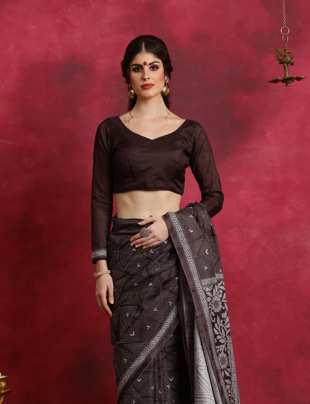 Brown Kantha printed flower pattern Asam Silk Saree