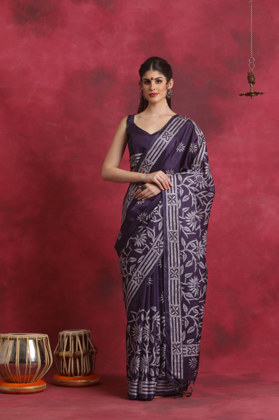 Purple Art Silk Kantha print Saree