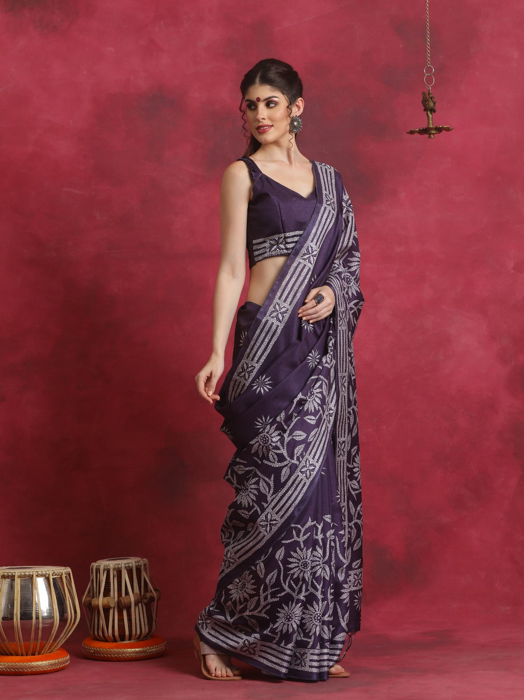 Purple Art Silk Kantha print Saree