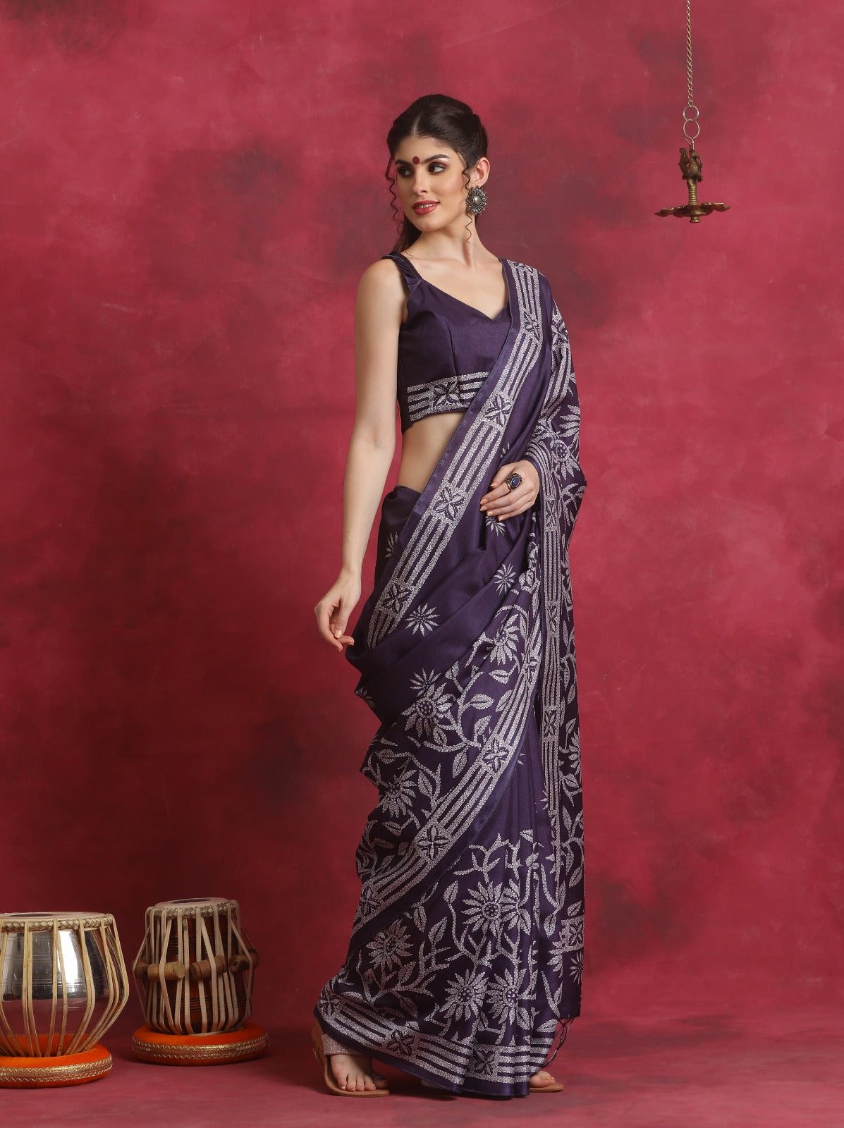 Purple Art Silk Kantha print Saree