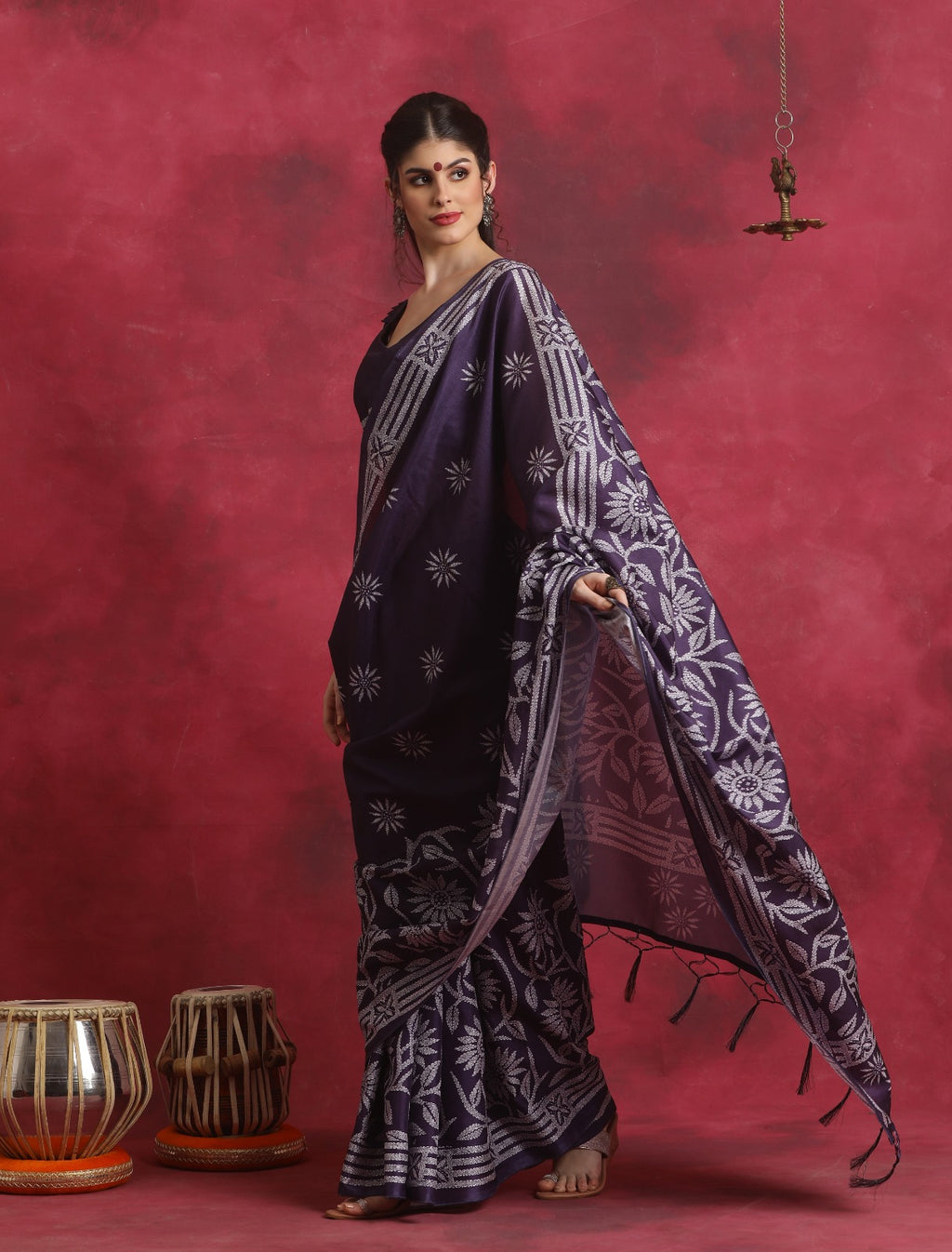 Purple Art Silk Kantha print Saree