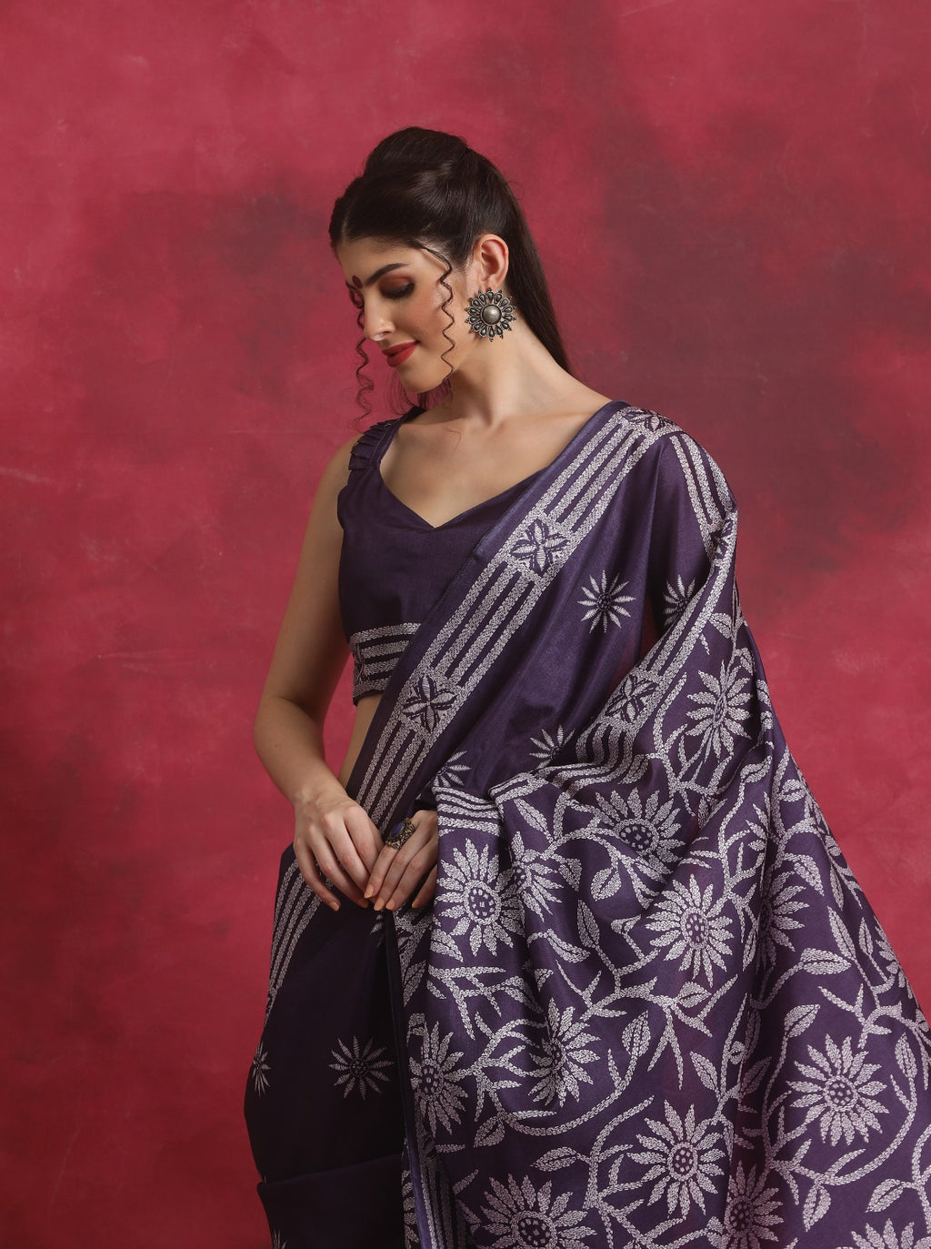 Purple Art Silk Kantha print Saree