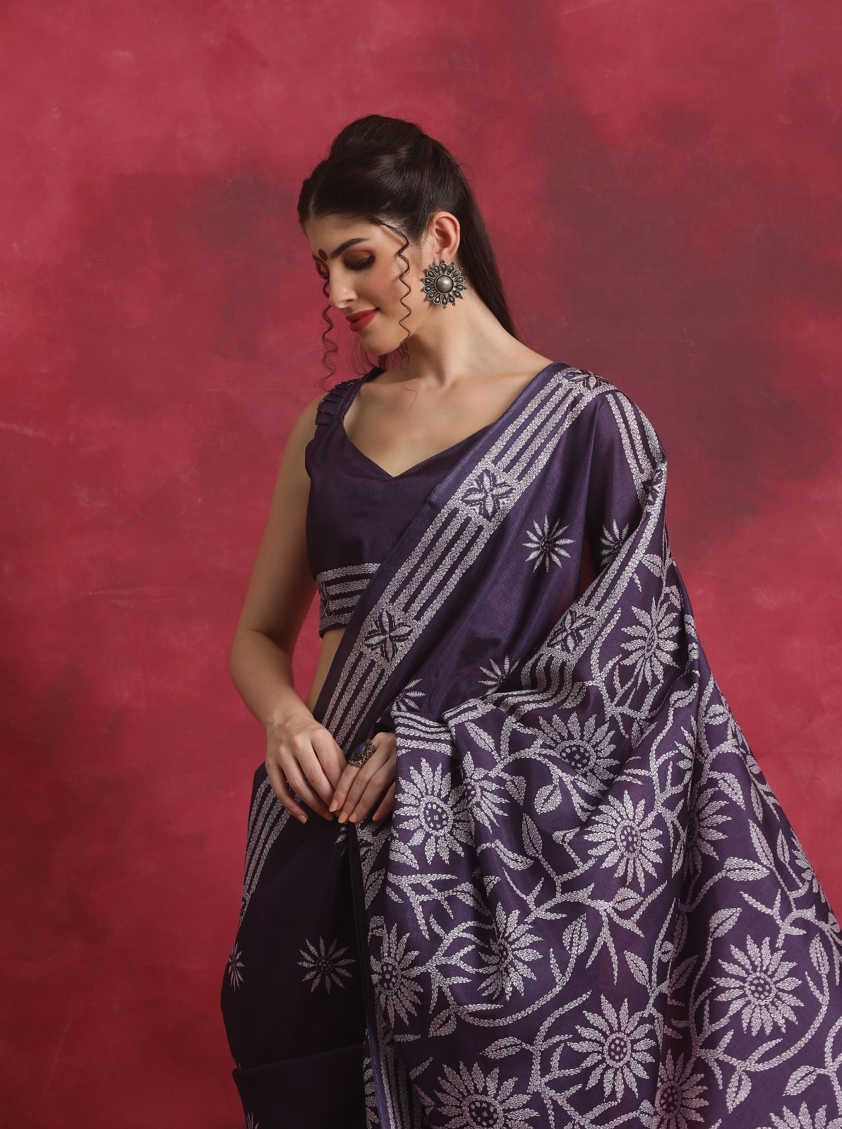 Purple Art Silk Kantha print Saree