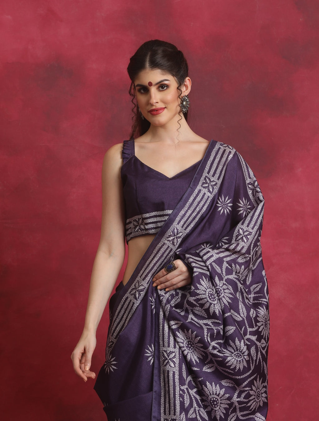 Purple Art Silk Kantha print Saree