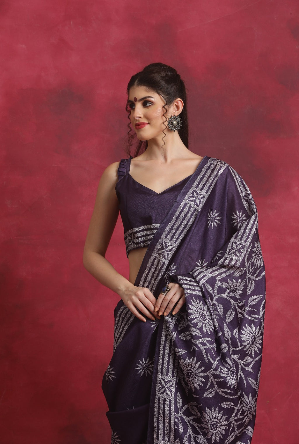 Purple Art Silk Kantha print Saree