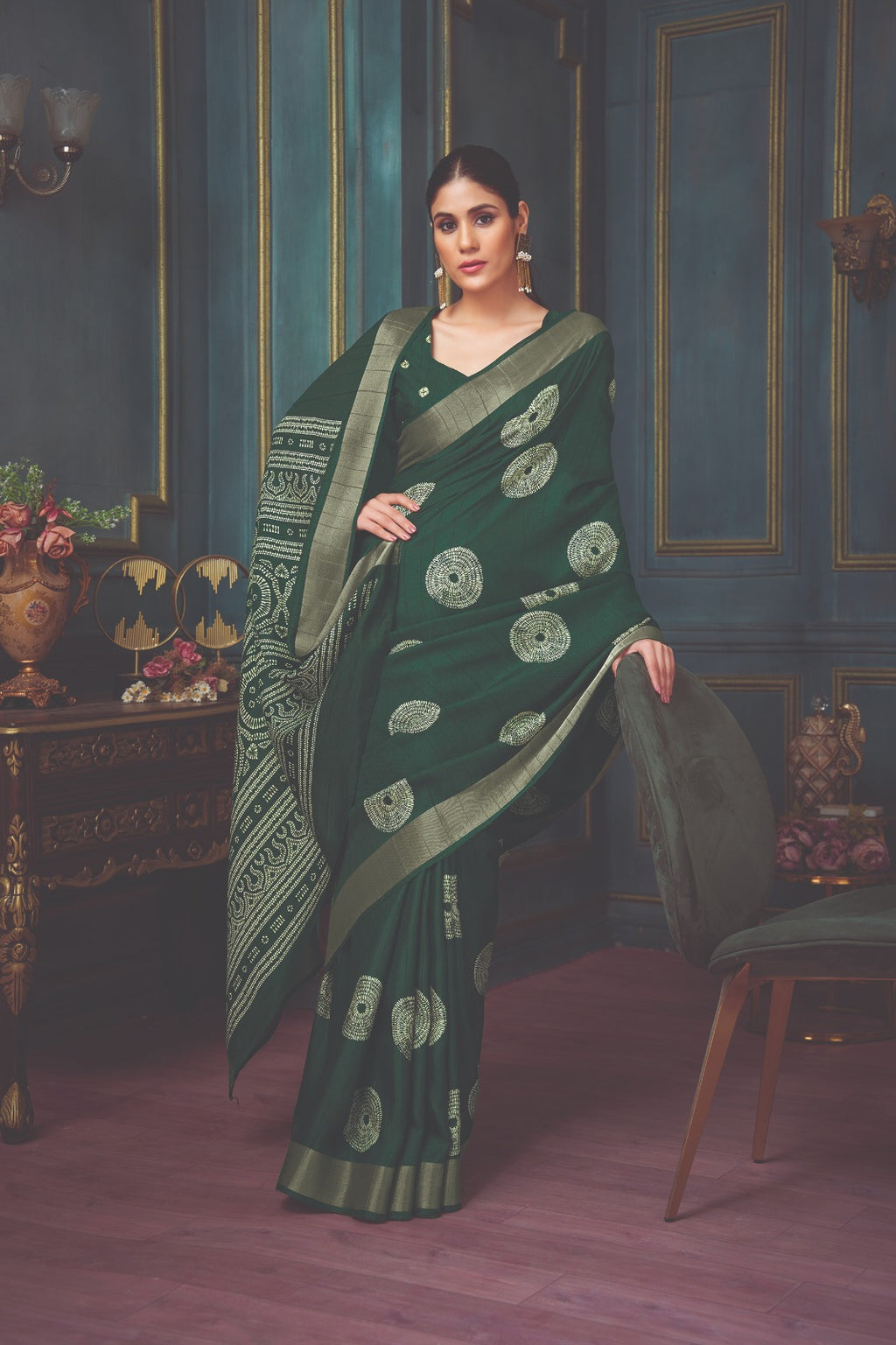 Dark Green Art Silk Printed Saree with Zari border