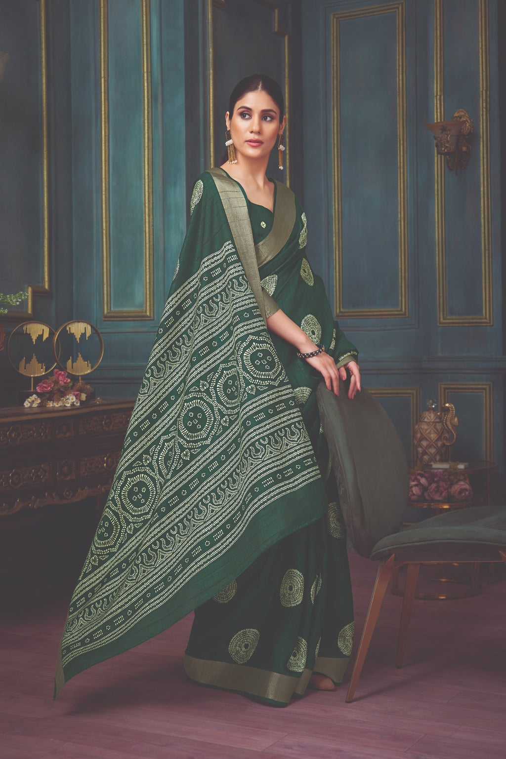Dark Green Art Silk Printed Saree with Zari border