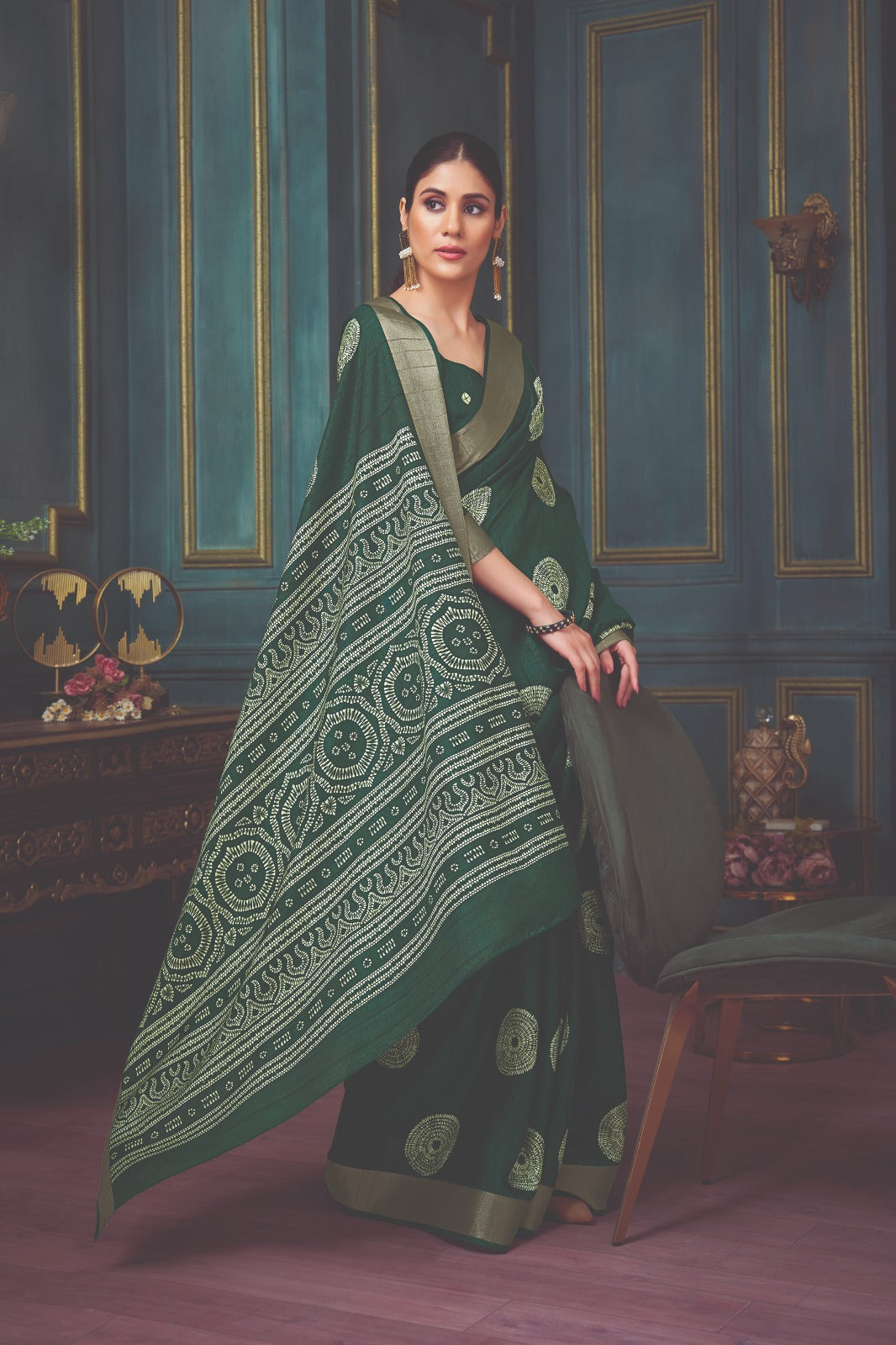 Dark Green Art Silk Printed Saree with Zari border