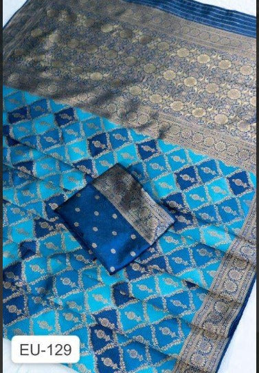 Ethnic Blue Jacquard Banarasi Silk Saree -With Heavy Rich Pallu