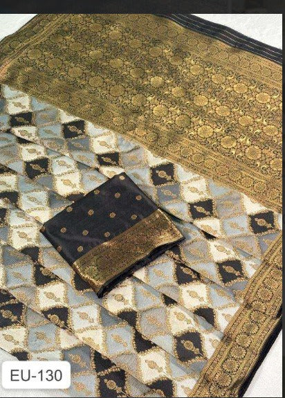 Ethnic Grey Jacquard Banarasi Silk Saree -With Heavy Rich Pallu