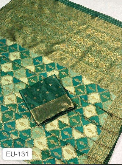 Ethnic Green Jacquard Banarasi Silk Saree -With Heavy Rich Pallu