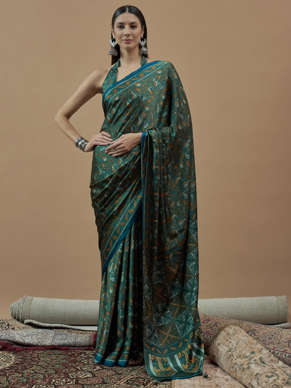 Olive Green Animal Printed Modal Silk Saree