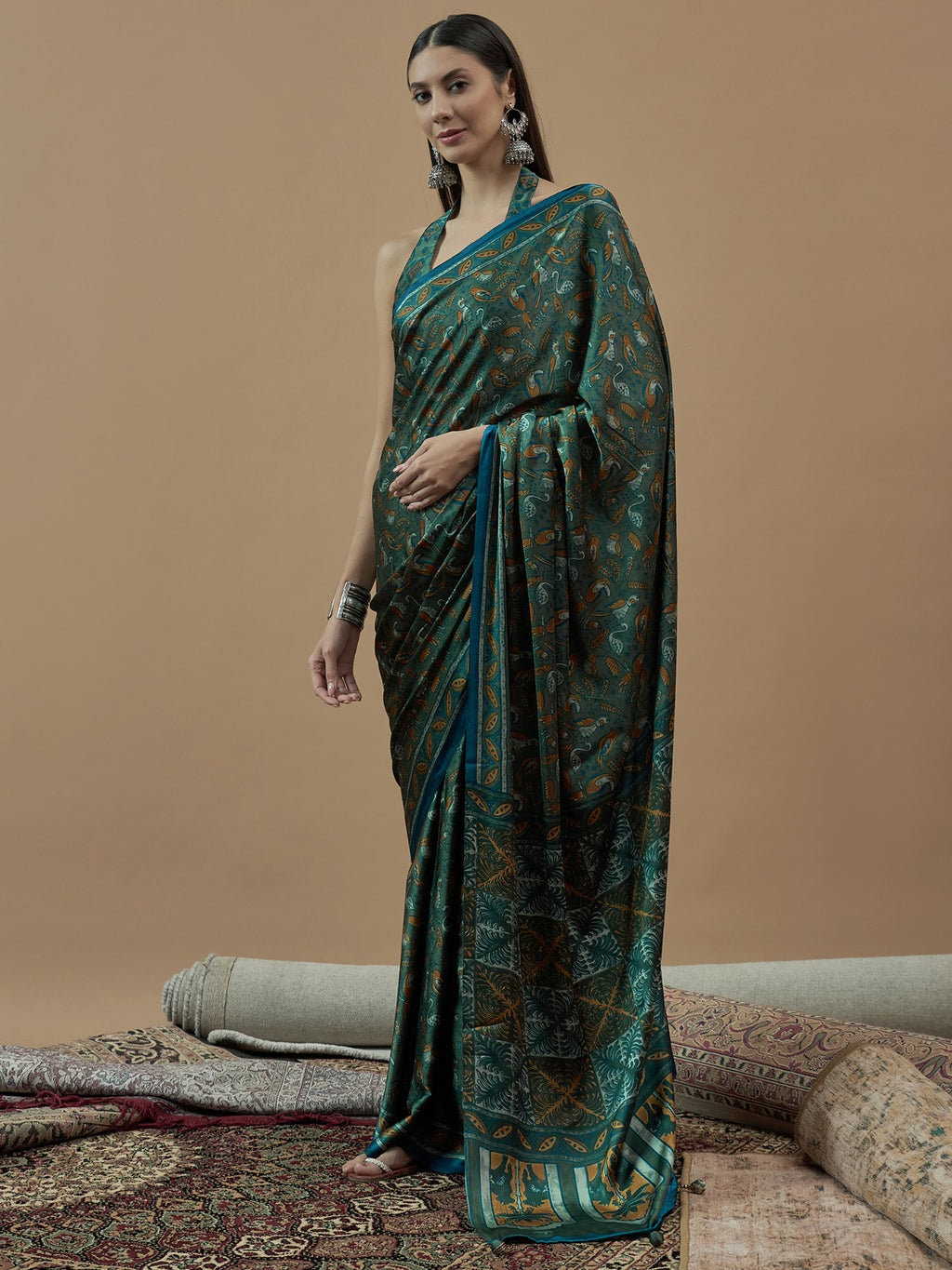 Olive Green Animal Printed Modal Silk Saree