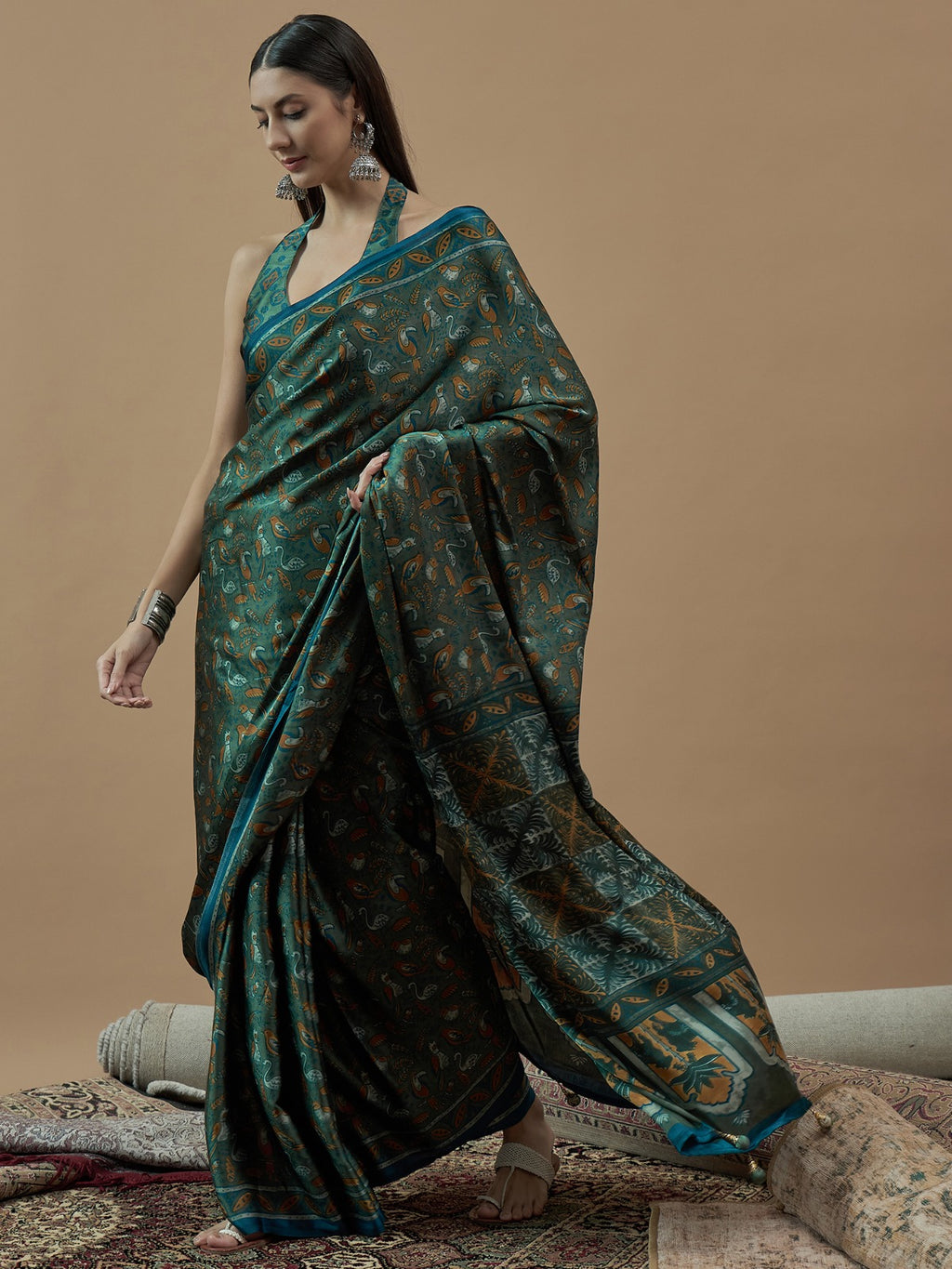 Olive Green Animal Printed Modal Silk Saree