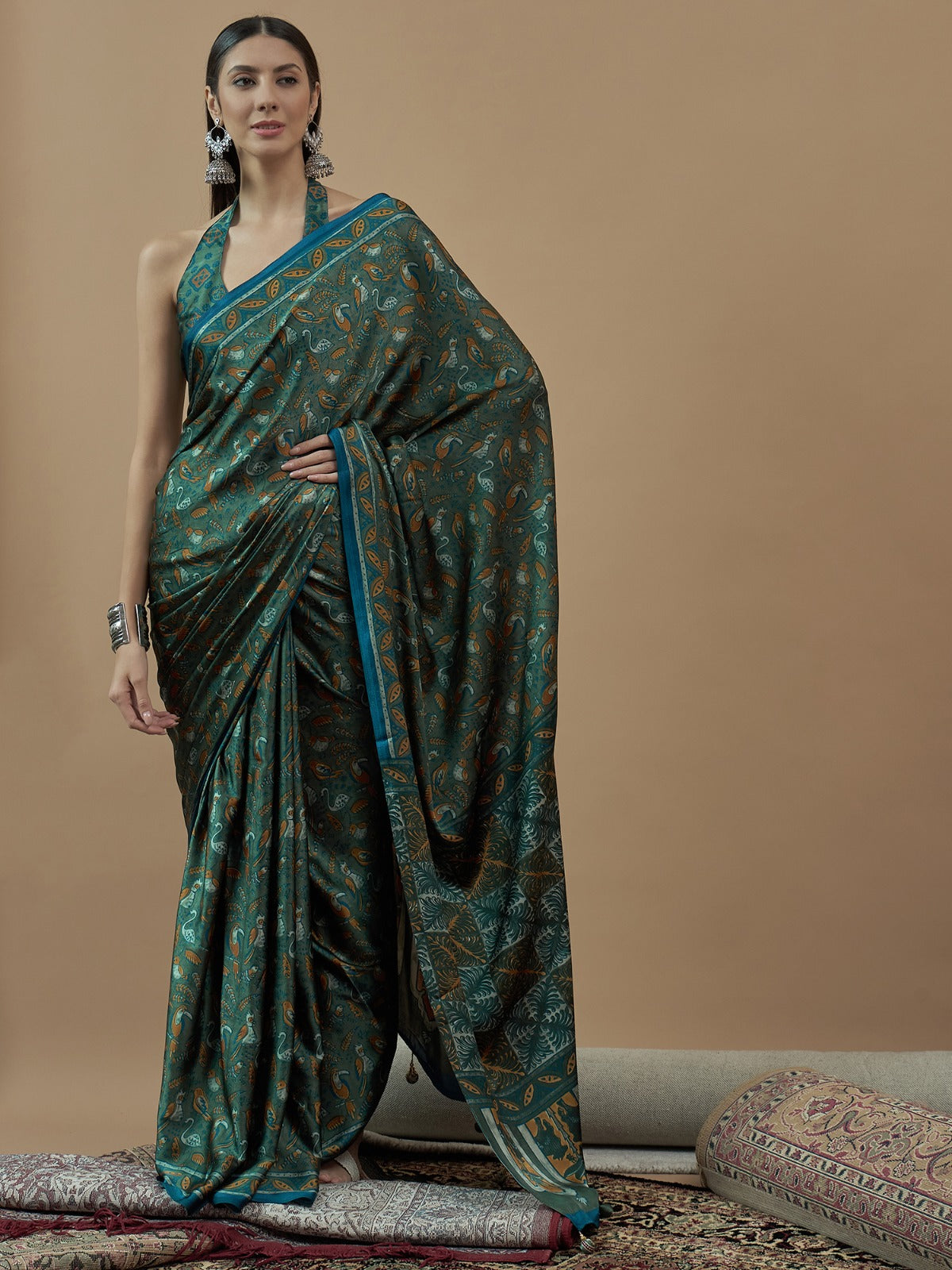 Olive Green Animal Printed Modal Silk Saree