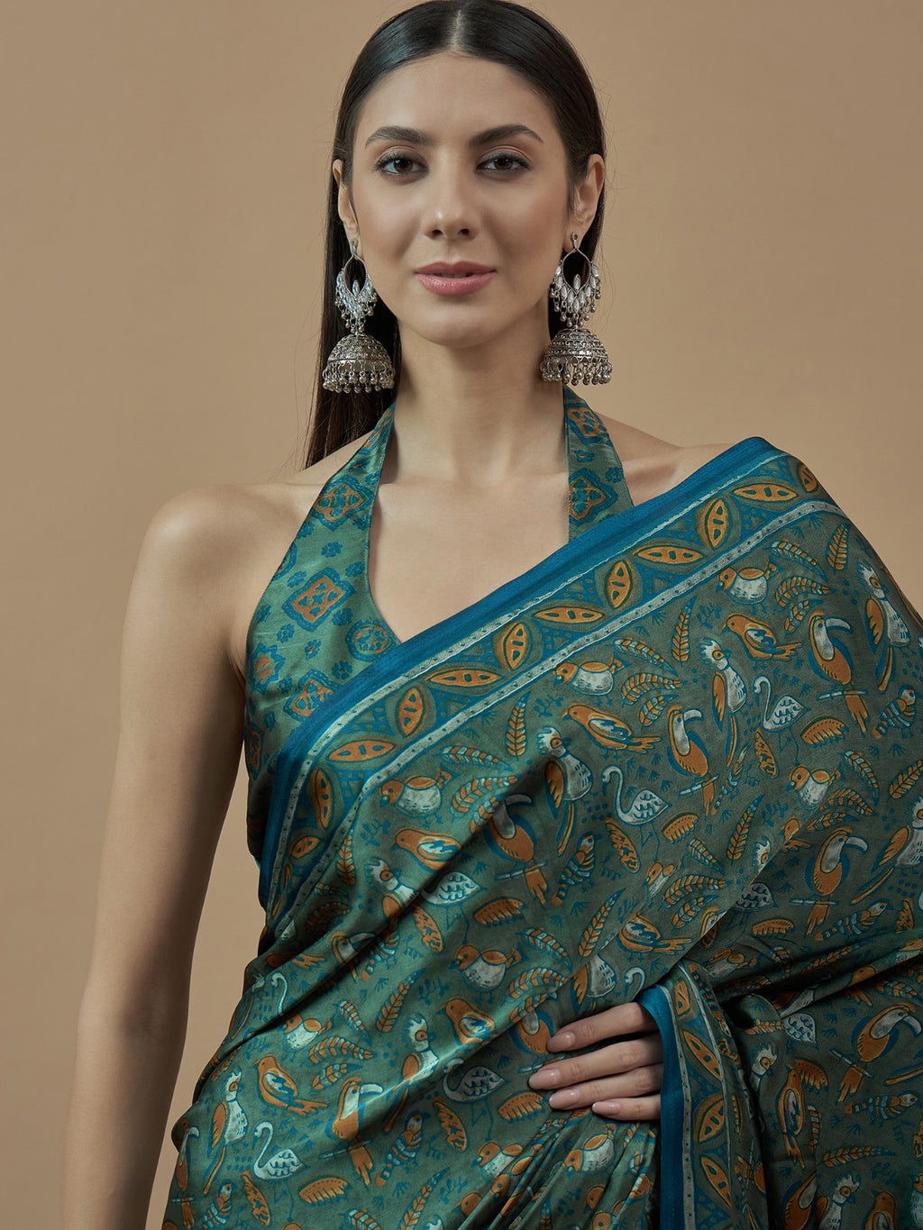 Olive Green Animal Printed Modal Silk Saree