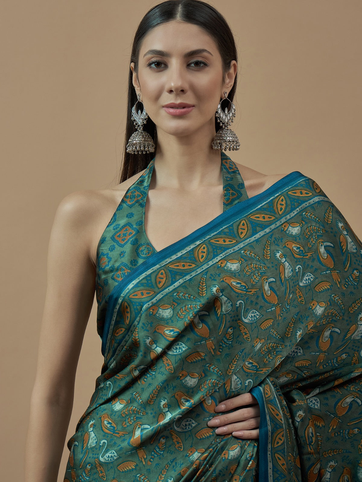 Olive Green Animal Printed Modal Silk Saree