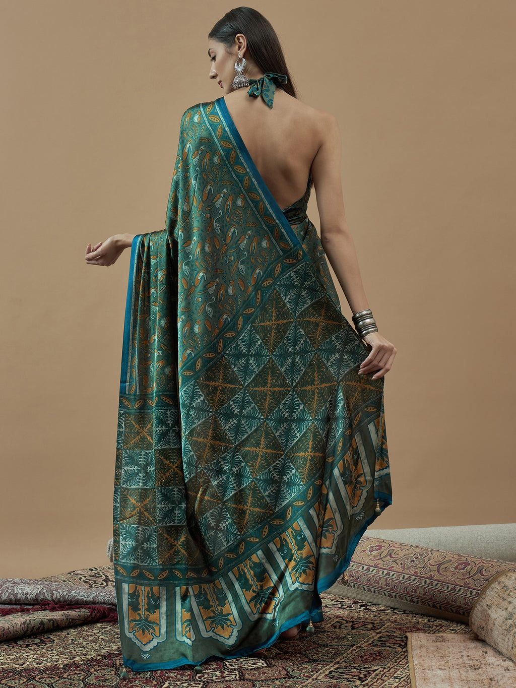 Olive Green Animal Printed Modal Silk Saree