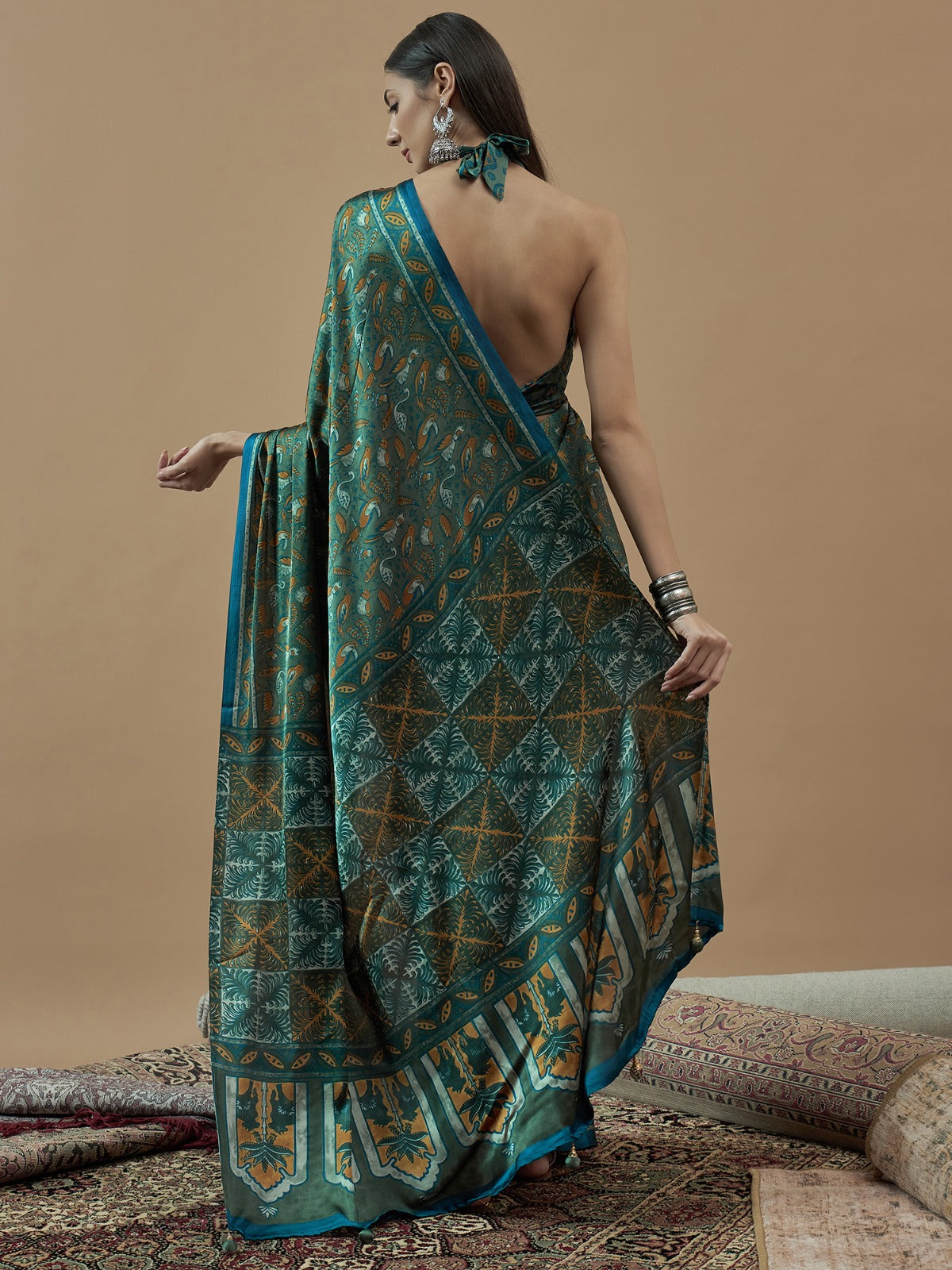 Olive Green Animal Printed Modal Silk Saree