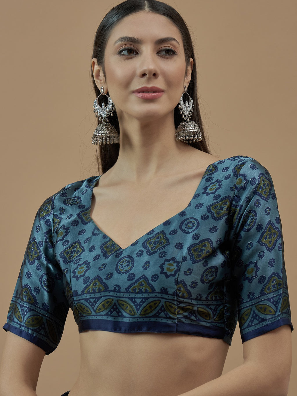 Teal Blue Animal Printed Crepe sik saree