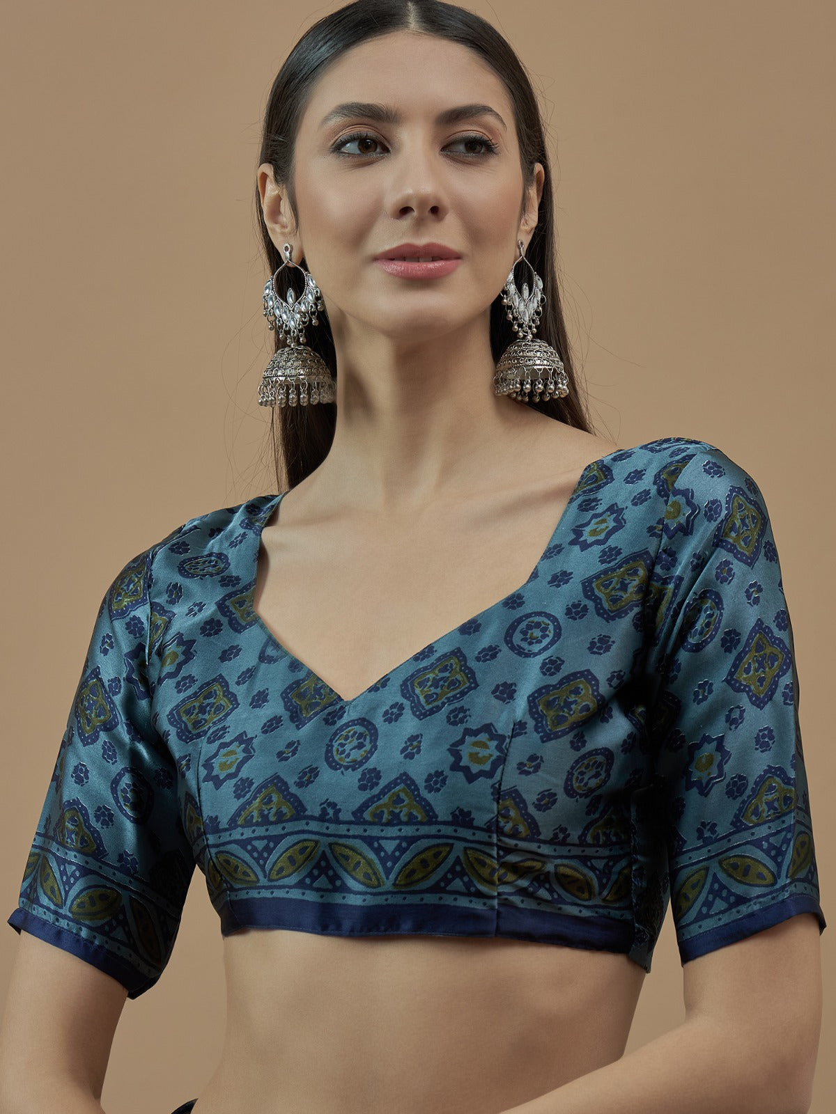 Teal Blue Animal Printed Crepe sik saree