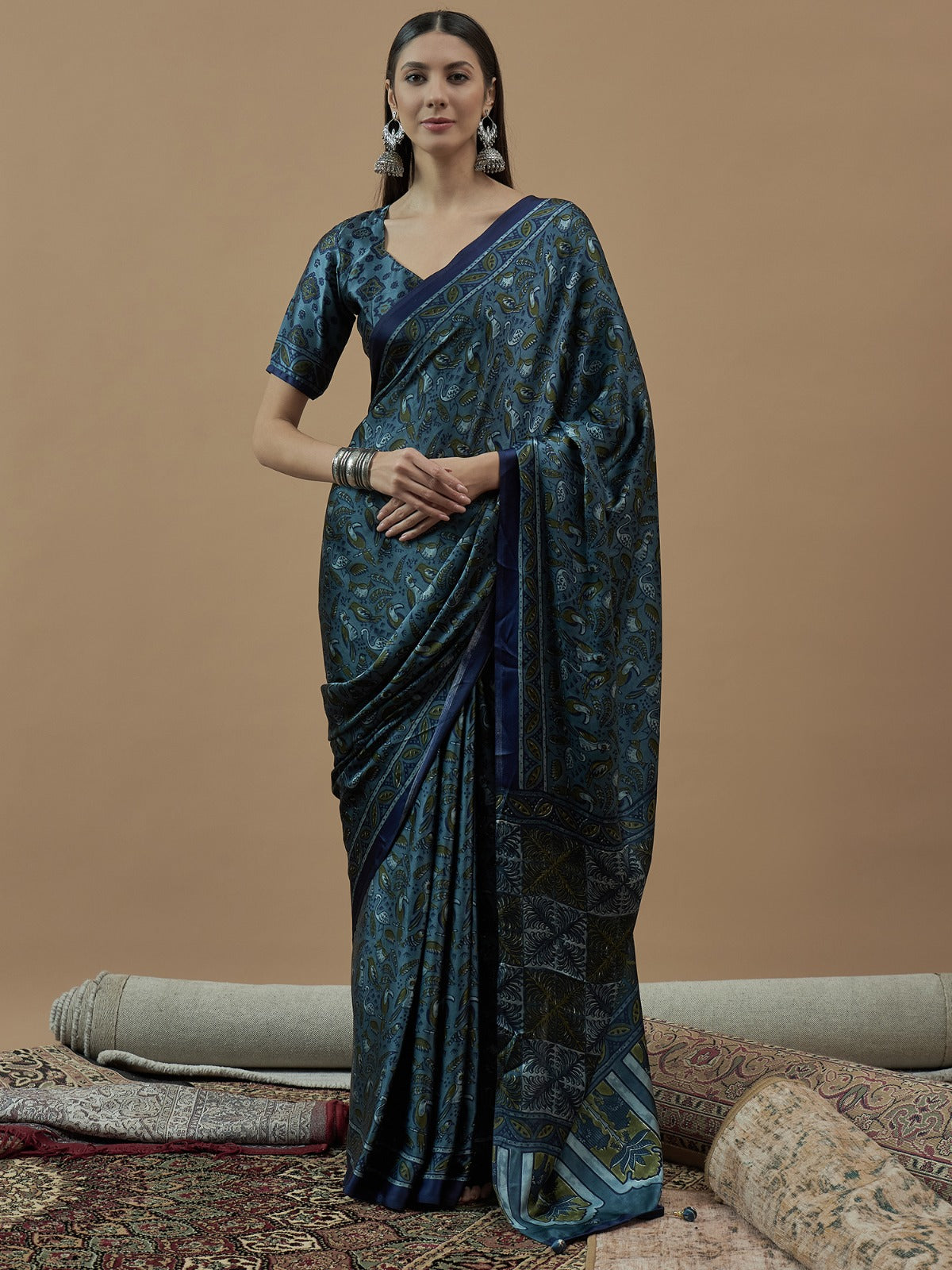 Teal Blue Animal Printed Crepe sik saree