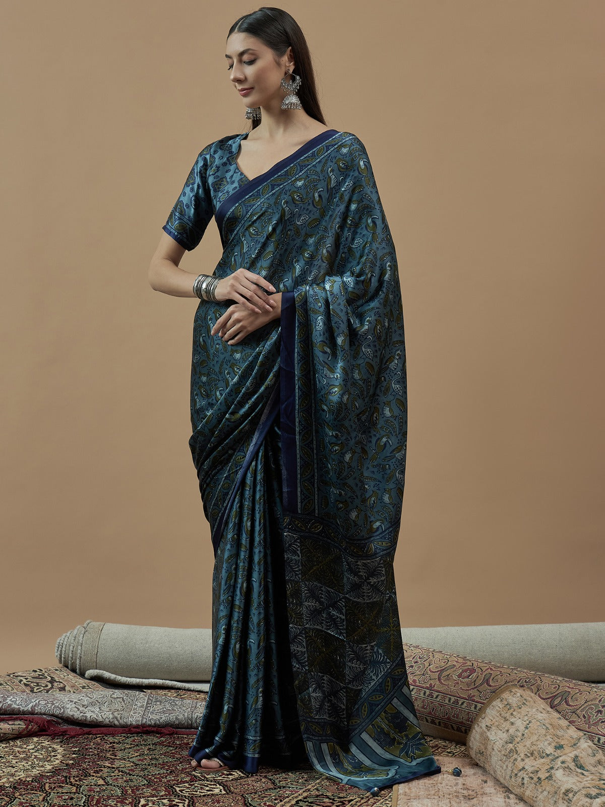 Teal Blue Animal Printed Crepe sik saree