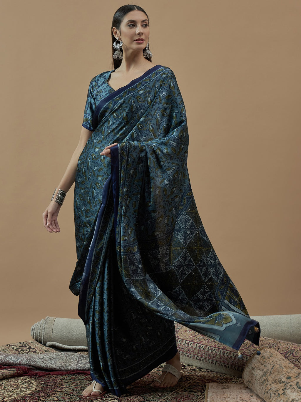 Teal Blue Animal Printed Crepe sik saree