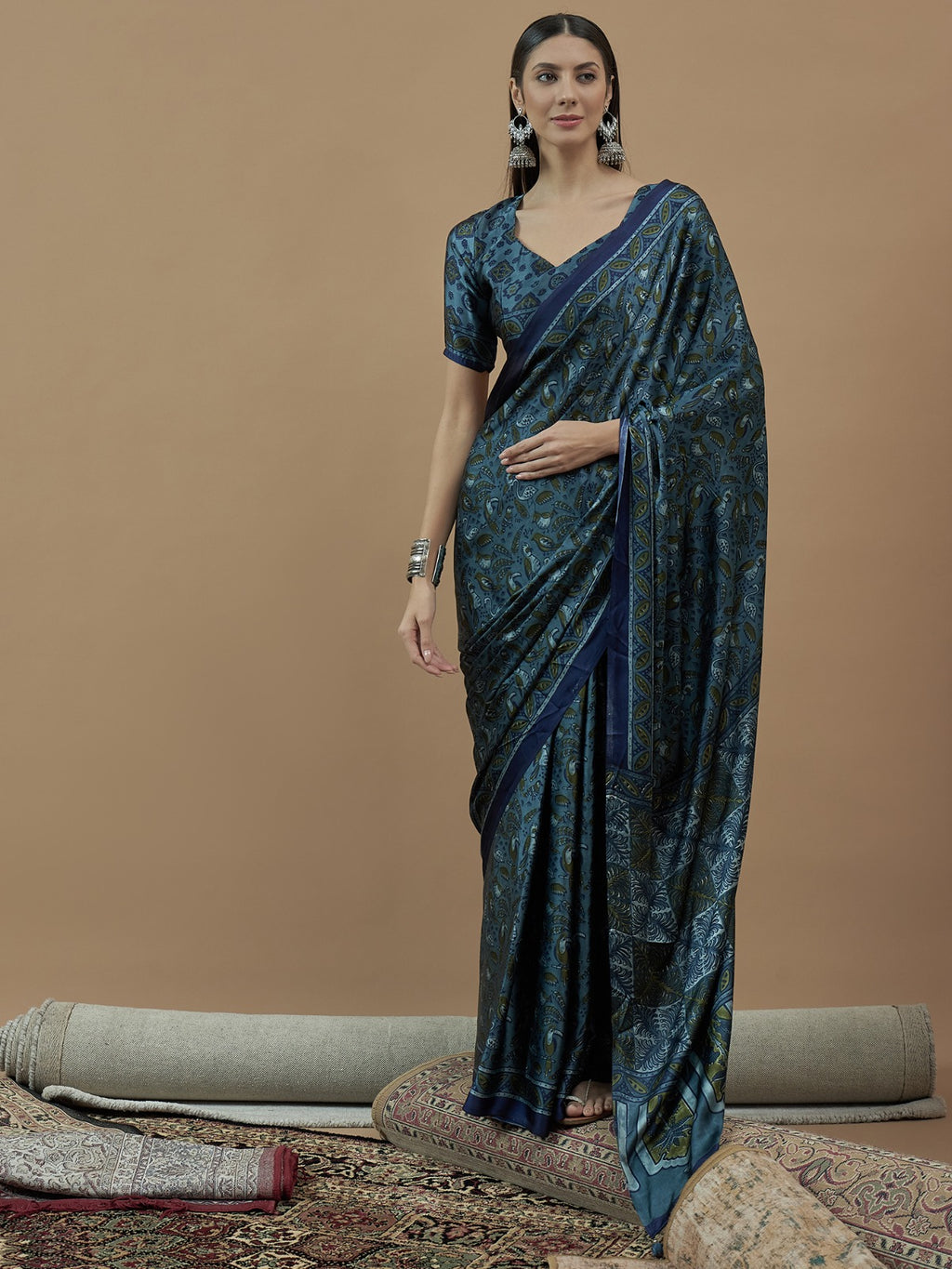 Teal Blue Animal Printed Crepe sik saree