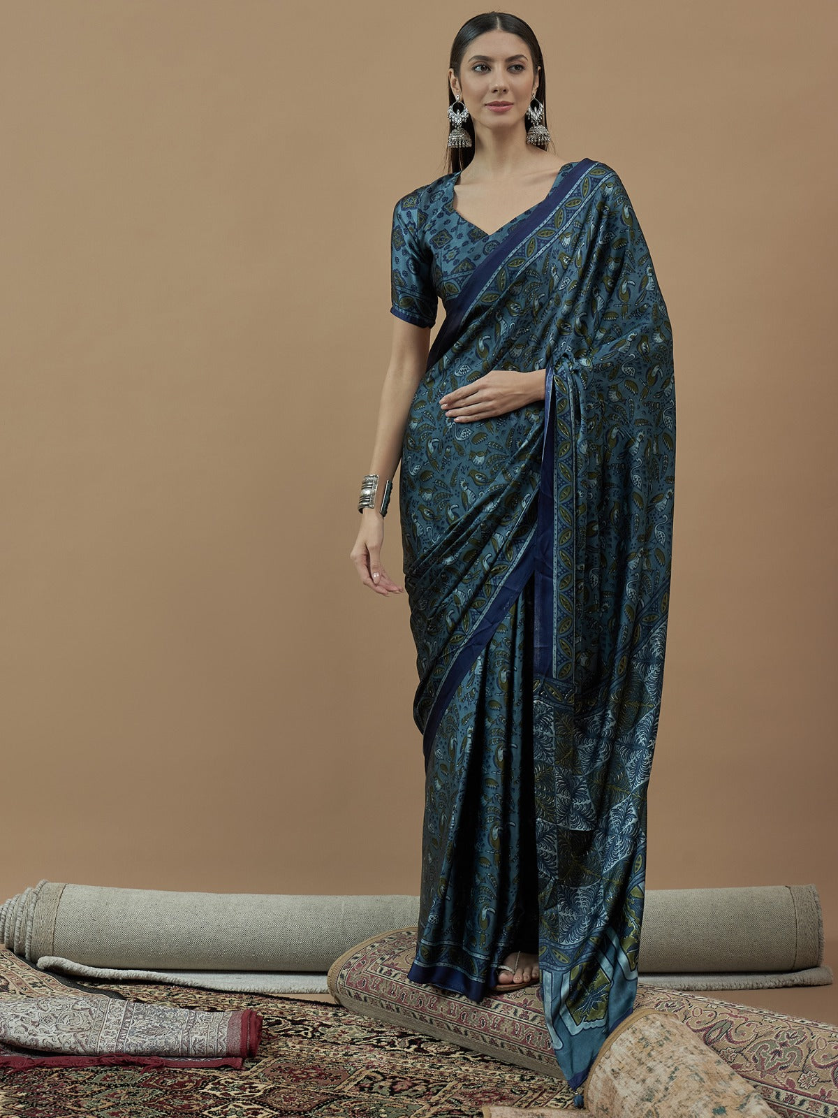 Teal Blue Animal Printed Crepe sik saree