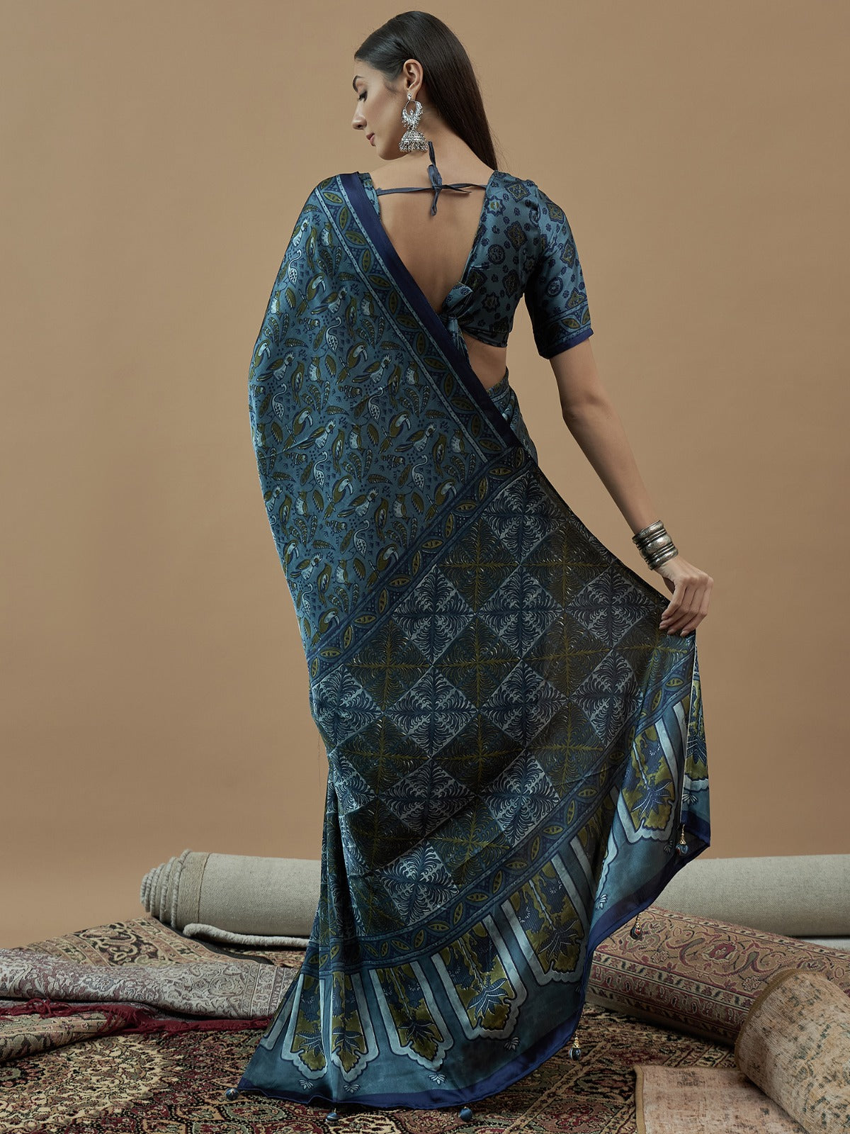 Teal Blue Animal Printed Crepe sik saree