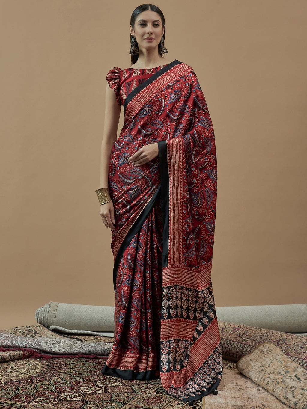 Red Self Crepe printed silk saree