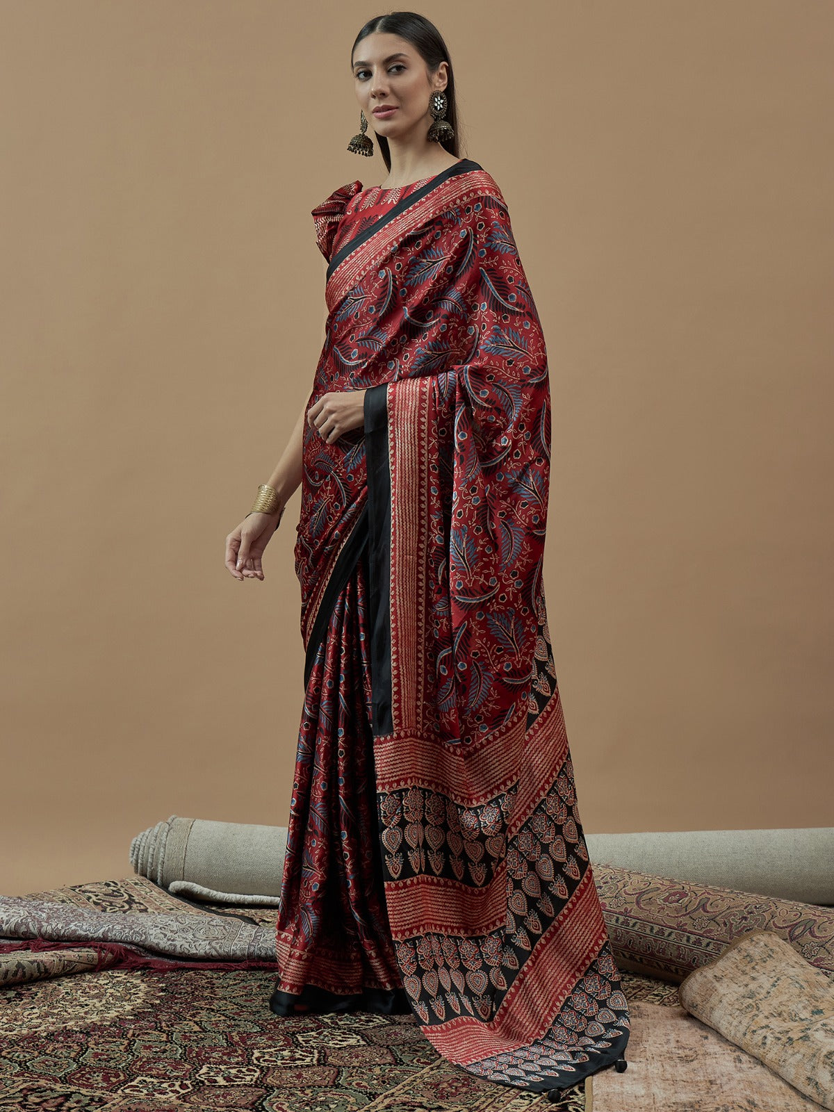 Red Self Crepe printed silk saree
