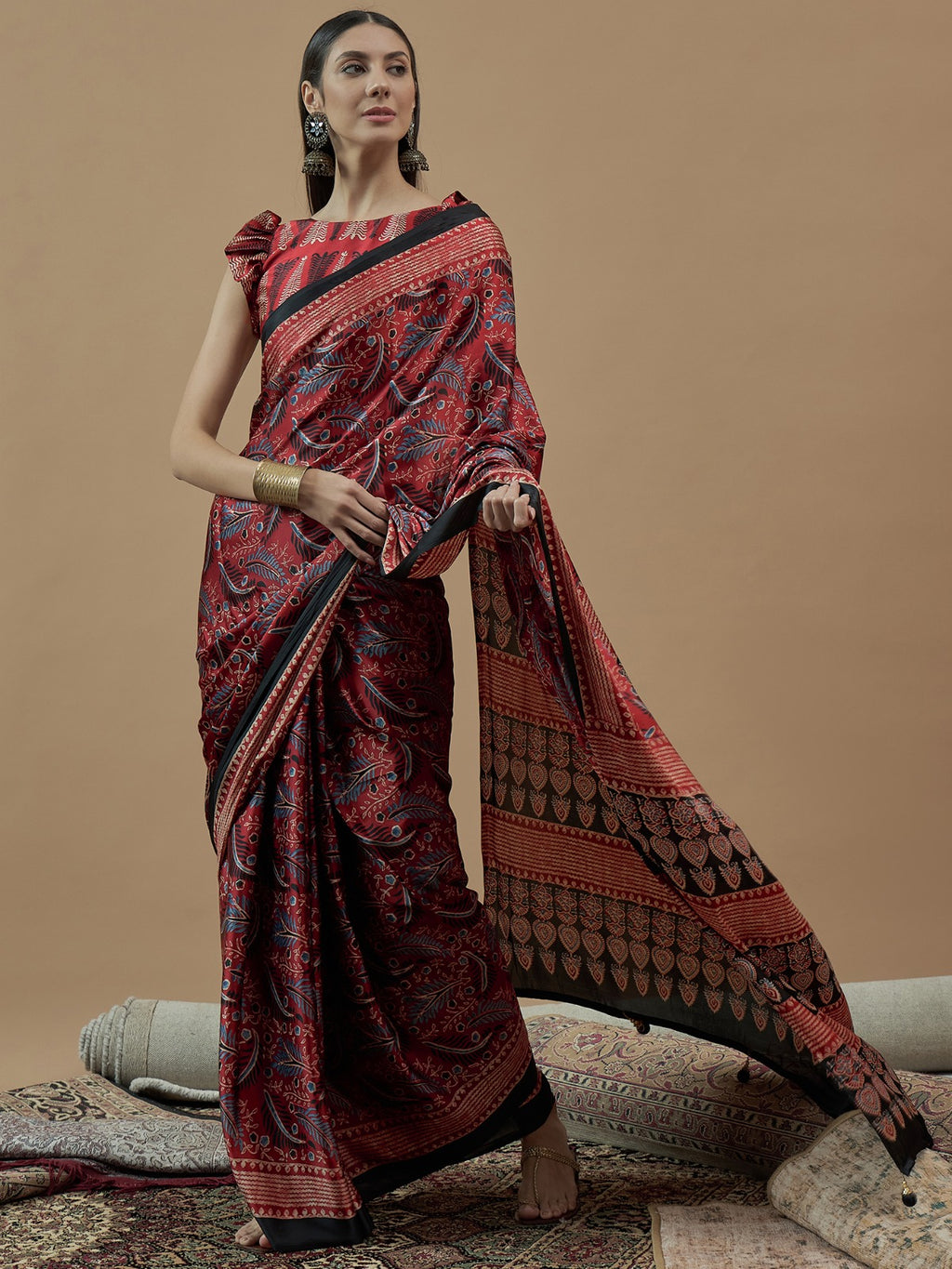 Red Self Crepe printed silk saree