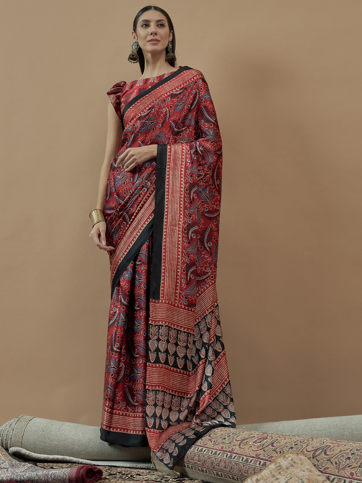 Red Self Crepe printed silk saree