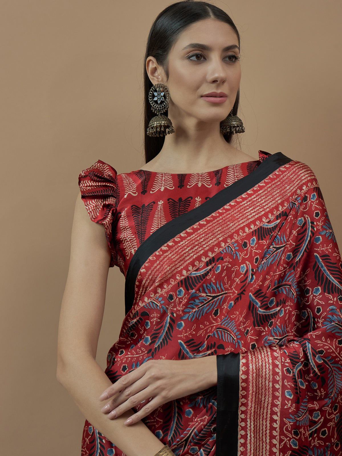 Red Self Crepe printed silk saree
