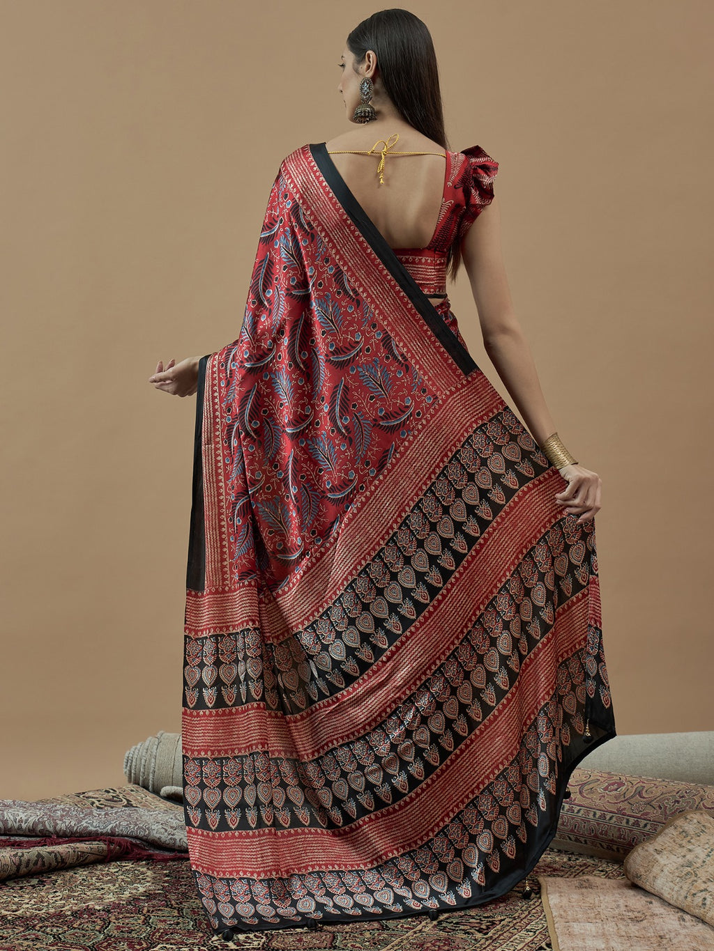 Red Self Crepe printed silk saree