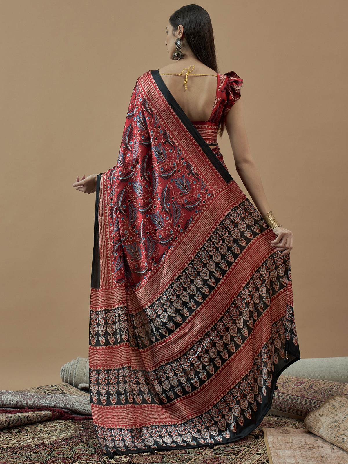 Red Self Crepe printed silk saree