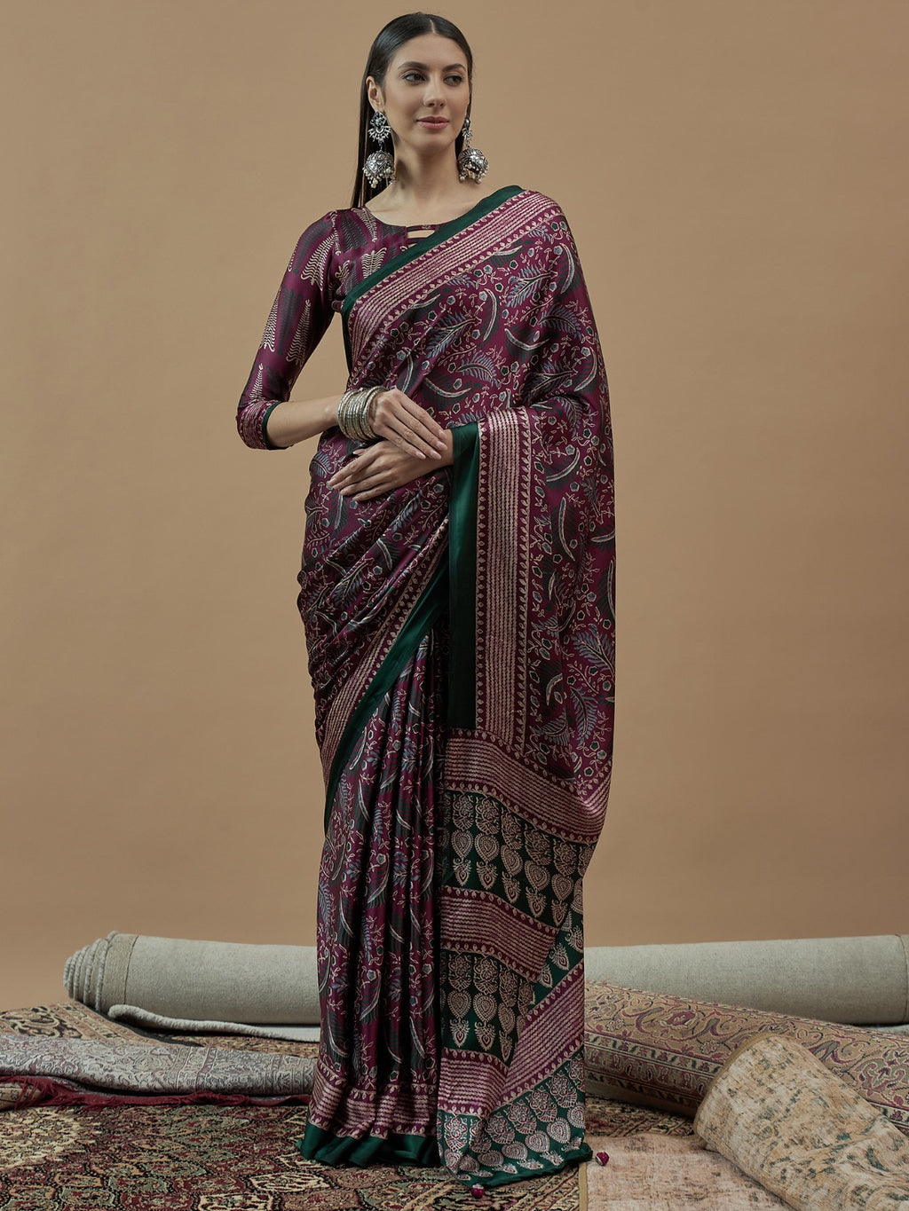 Magenta Crepe silk saree with unstitched blouse