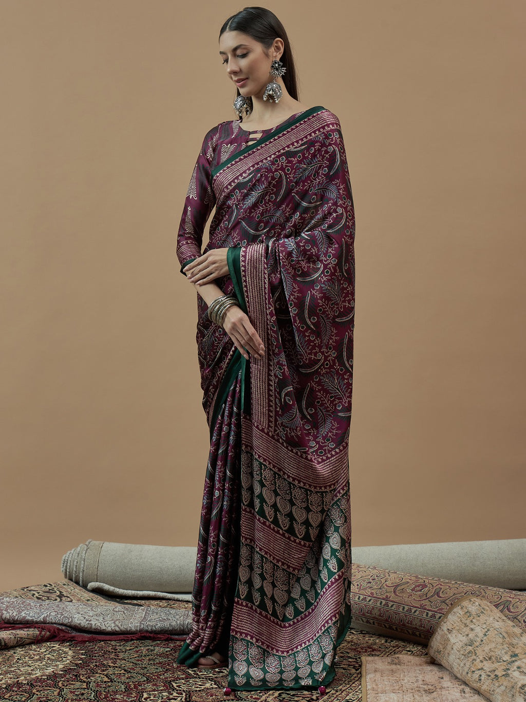 Magenta Crepe silk saree with unstitched blouse