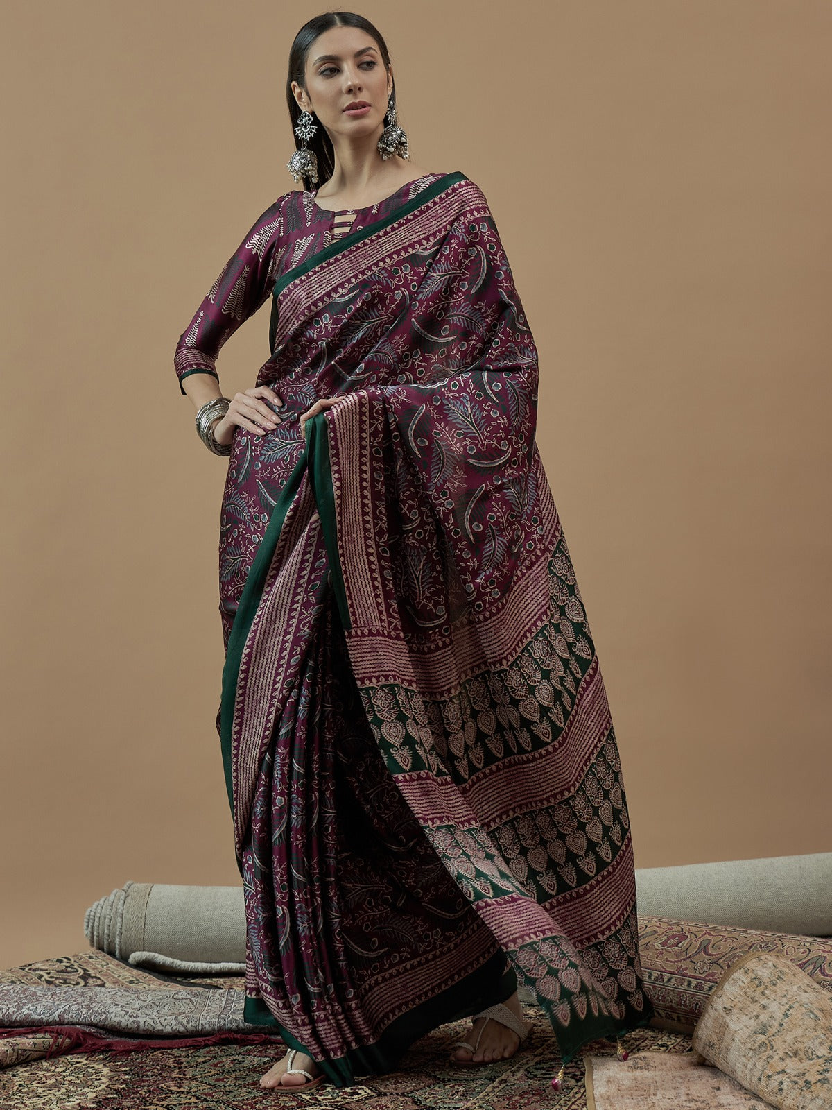 Magenta Crepe silk saree with unstitched blouse