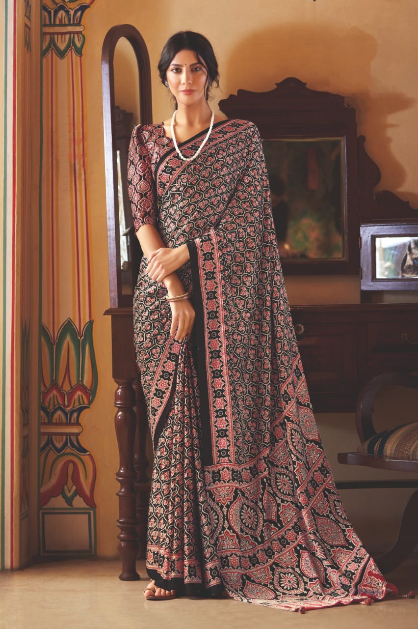 Ajrakh Printed satin crepe saree