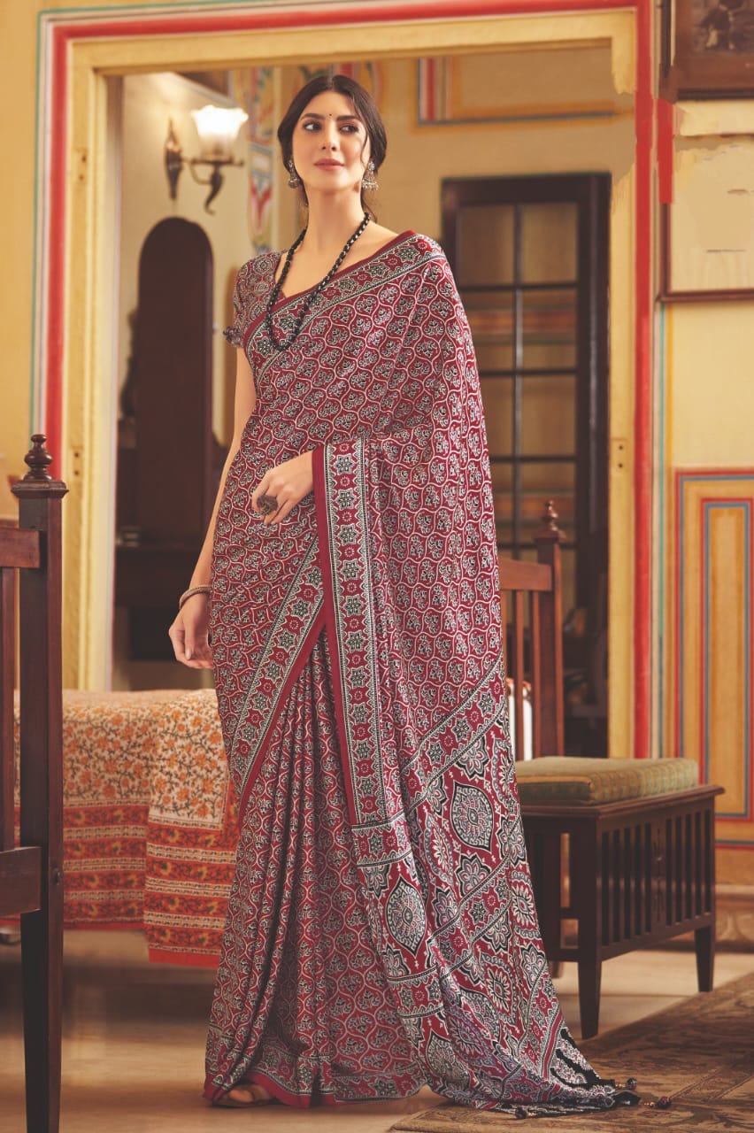 Maroon modal Ajrak Block and Bagru  print silk Sarees With Unstitched Blouse