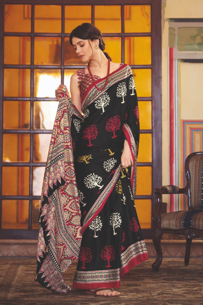 Black Modal silk Ajrakh printed saree